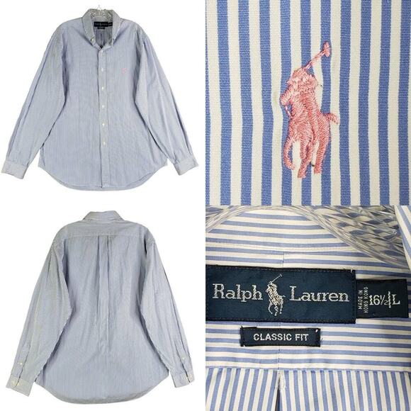 Polo Ralph Lauren Shirt Oxford Button Down Mens Size 16.5 Large LS Blue Striped - Picture 1 of 9
